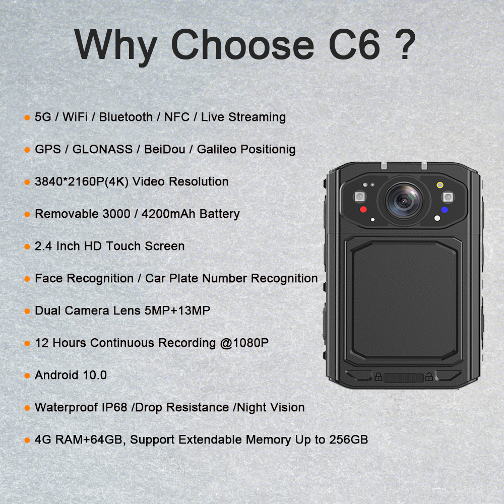 C6 Android 5G Face Recognition Body Worn Camera